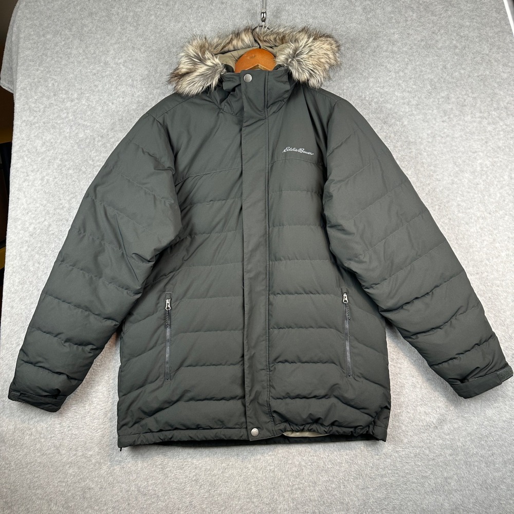 Eddie Bauer Superior Down Parka Mens XL Gray Polyester Detachable Faux Fur